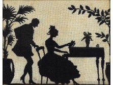 Régi árnyékkép sziluett zongorázó alakok gobelin aranyozott Blondel keretben