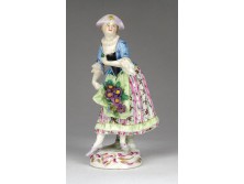 Antik francia kalapos virágárus nő porcelán figura 12 cm