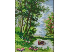 Régi színes gobelin tájkép kacsával Blondel keretben 46 x 36 cm