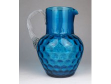 Antik 1800-as évek közepe nagyméretű kék színű lencsés fújt huta üveg kancsó