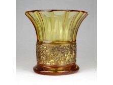 Régi jelzett borostyán sárga art deco Walther üveg váza arany frízzel 10 cm