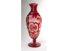 Antik nagyméretű bíborüveg vadászjelenetes üveg váza 27.5 cm