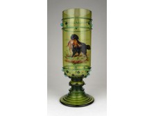 Antik fújt üveg talpas pohár Bécs vadászati kutyakiállítás 1885