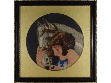 Antik gobelin : Ló és nő portré 57 x 57 cm