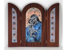 Jelzett művészi zománckép tűzzománc triptichon Mária a kis Jézussal 37 x 43 cm 