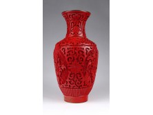 Régi piros színű kínai tűzzománc váza 17.5 cm