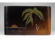 Régi keleti festett pálmafás art deco kínai lakkdoboz