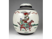 Régi kézzel festett kínai kerámia gyömbértartó váza urnaváza harcosokkal 20.5 cm 