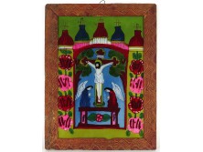 Antik erdélyi üveg ikon Krisztus a kereszten két anyallal ábrázolva 45 x 34.5 cm