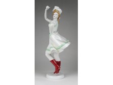 Régi nagyméretű Hollóházi táncoló pártás menyecske porcelán figura 29.5 cm