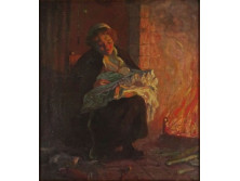 XX. századi festő : Szoptató anya kandalló előtt