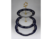 Kék szegélyes Zsolnay Pompadour porcelán emeletes süteményes torta kínáló 36 cm