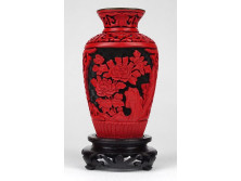 Régi piros cinóber keleti tűzzománc váza 12.5 cm