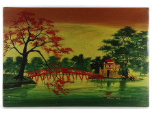 Régi festett vietnámi kép táblakép 30 x 44 cm
