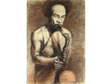 XX. századi művész : Afro jazz zenész szaxofonnal 1981