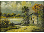 Jelzett Magyar festő 20. sz. első fele - Tóparti kisház 34.5 x 25 cm