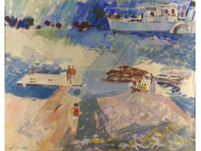 Gulyás Dénes : Balatonpart gőzhajóval 1968  46 x 36 cm