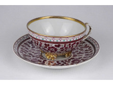 Antik kézi festésű, bordó virágmintás porcelán teáscsésze és alátét tányér