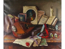 Apátfalvi Czene János : Íróasztali csendélet mandolinnal 50 x 61 cm