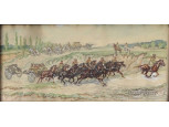 Mühlbeck Károly : Lovastüzér fogat akvarell 31 x 15 cm