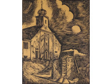 Havas László fametszet: Falusi templom 22 x 17.8 cm