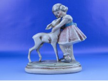 Régi jelzett német porcelán kislány őzikével